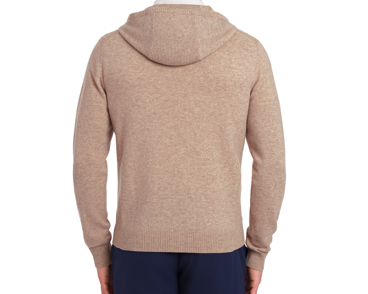The Logan Hoodie Sweater: Heathered Dune, showcasing a back view with ribbed cuffs and hem, hood resting flat, paired with navy pants.