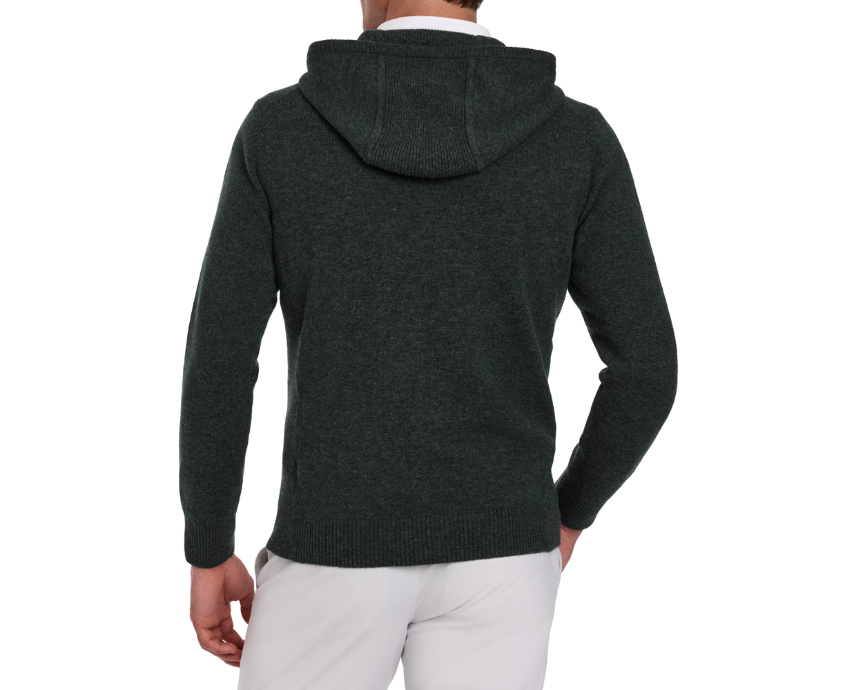 The Logan Hoodie Sweater: Heathered Ivy features a knitted design, worn over a white shirt, with ribbed details and a relaxed hood, shown from behind.
