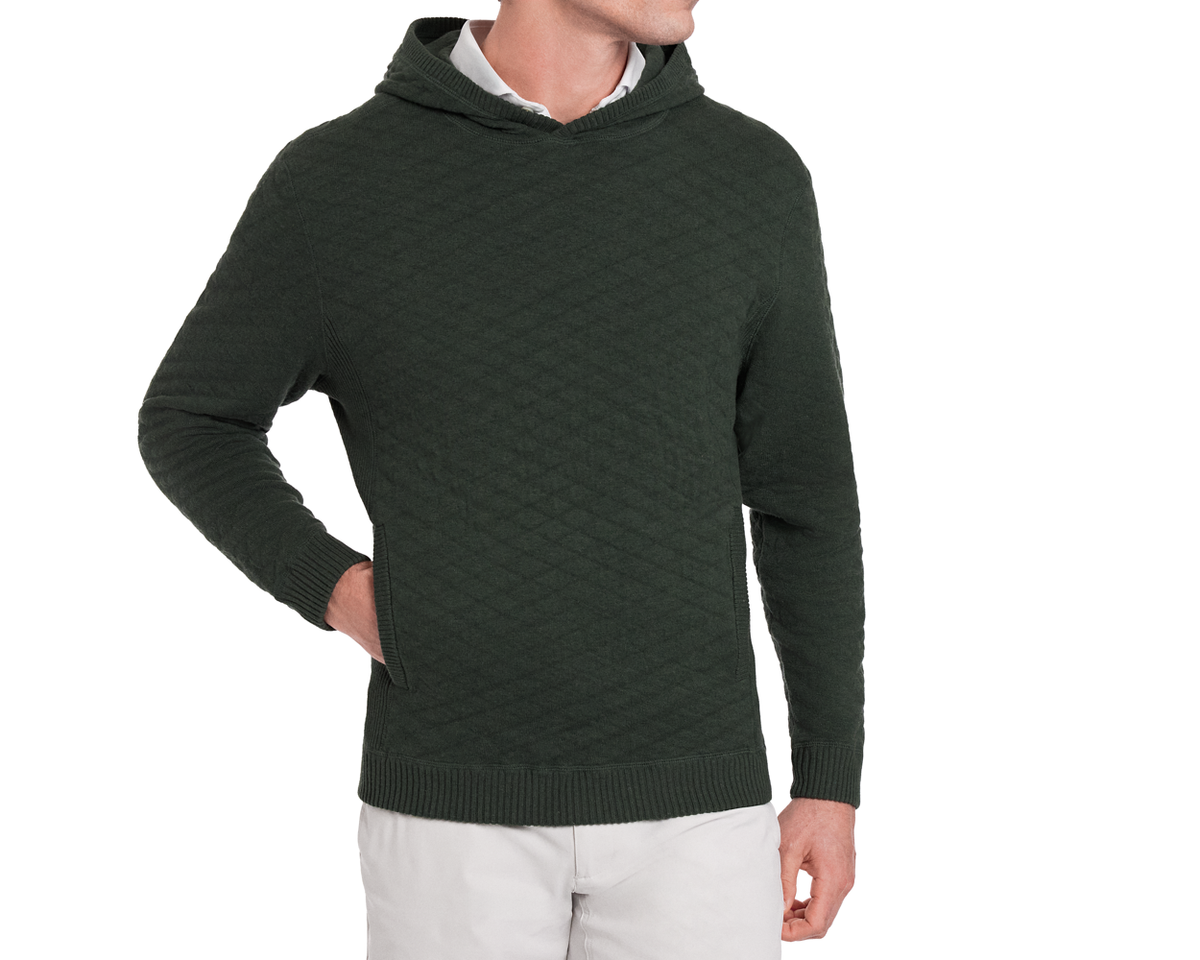Model Wearing Holderness & Bourne Mens Dark Green Hoodie