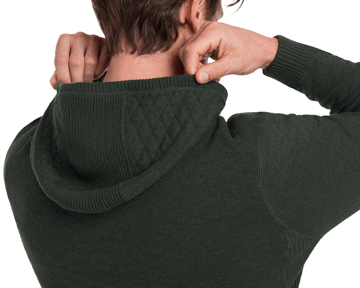 Model Wearing Holderness & Bourne Mens Dark Green Hoodie