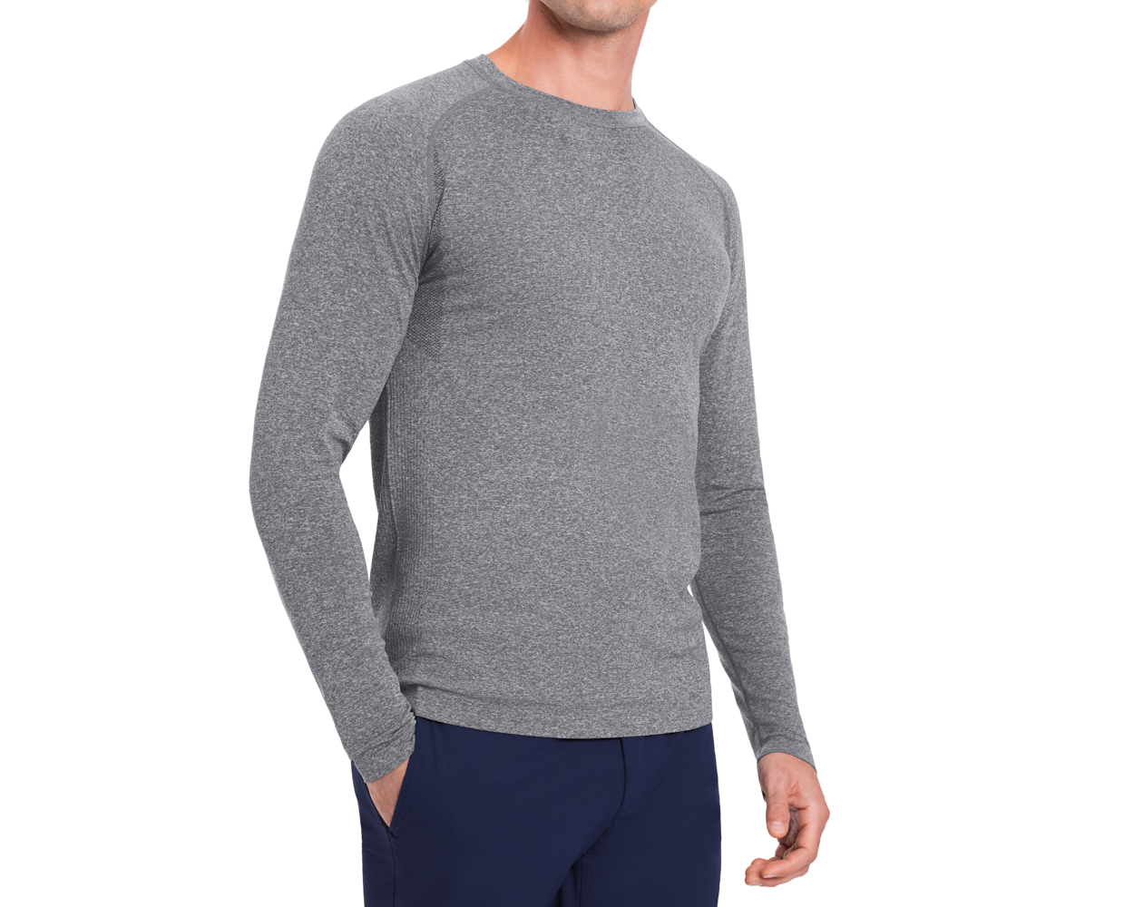 The Carr T-Shirt: Heathered Gray shown on a person wearing navy pants, highlighting its long sleeves and crew neck design with advanced moisture wicking and stretch.
