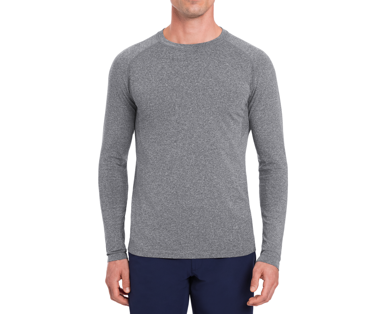 The Carr T-Shirt: Heathered Gray, shown on a person, features long sleeves and a form-fitting design, ideal for active and casual wear.
