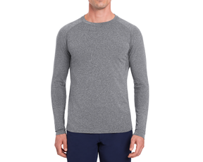 The Carr T-Shirt: Heathered Gray, shown on a person, features long sleeves and a form-fitting design, ideal for active and casual wear.