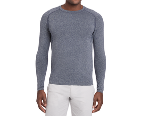 The Carr T-Shirt: Heathered Navy, long-sleeve, worn by a male model, showcasing its breathable AIRATION® fabric and sleek fit suited for active or casual wear.