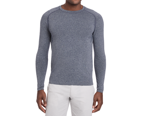 The Carr T-Shirt: Heathered Navy, long-sleeve, worn by a male model, showcasing its breathable AIRATION® fabric and sleek fit suited for active or casual wear.
