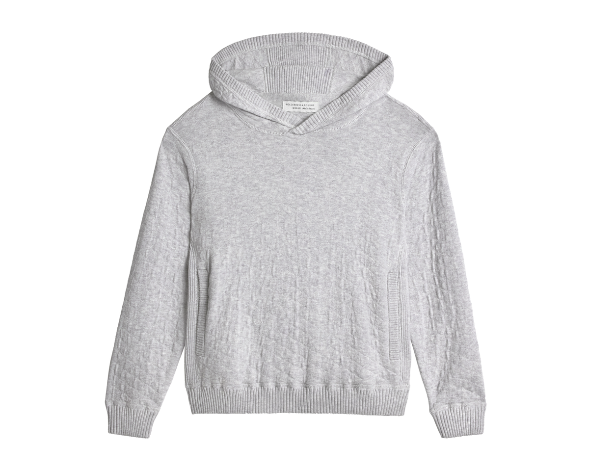 The Wallace Boys Hoodie Sweater: Heathered Gray, features a light-gray pullover design with a hood, ribbed cuffs, hem, and inset side pockets.