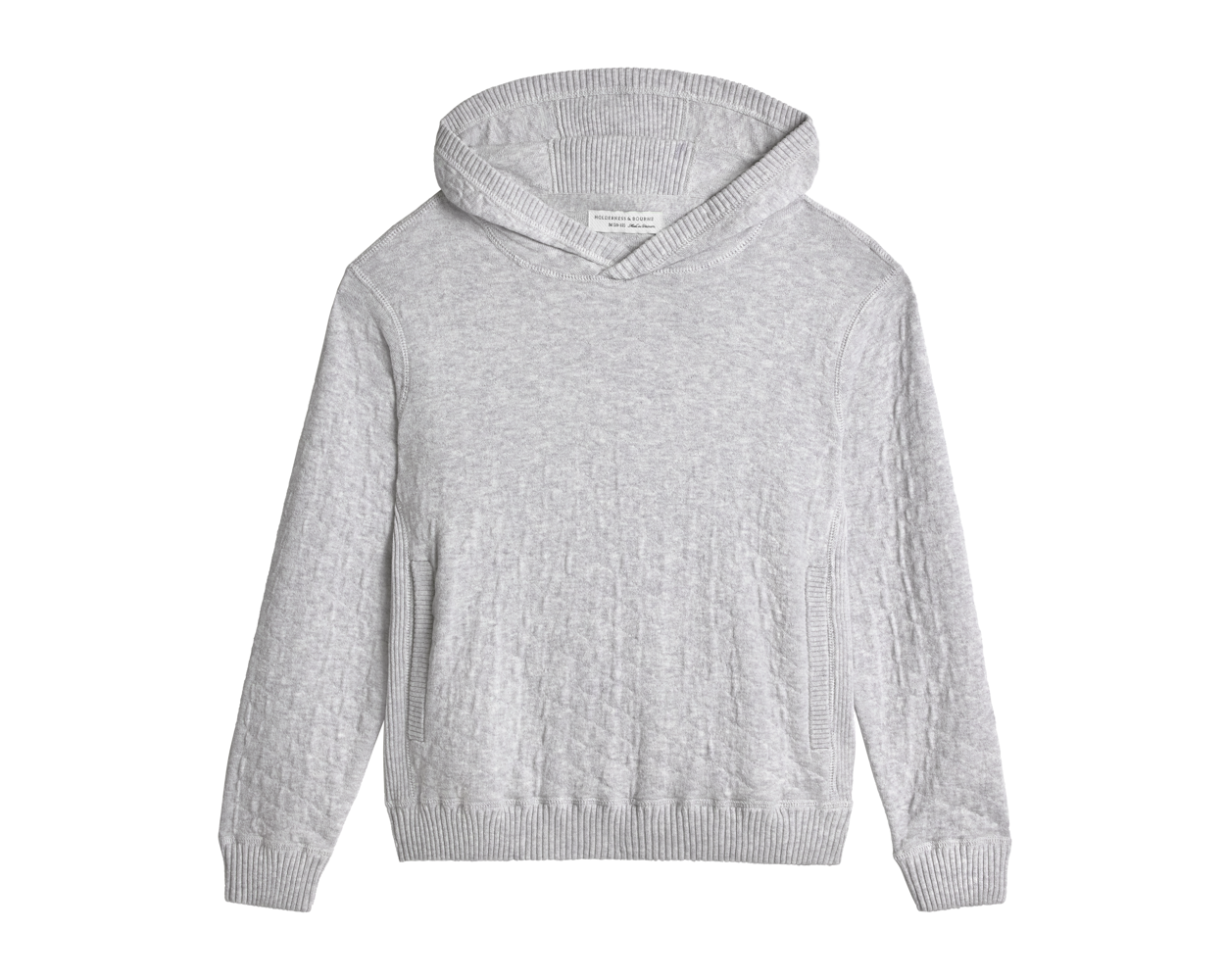 The Wallace Boys Hoodie Sweater: Heathered Gray, features a light-gray pullover design with a hood, ribbed cuffs, hem, and inset side pockets.