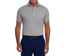 Man wearing The Perkins Shirt: Gray & White, featuring subtly striped light-gray fabric, tucked into navy trousers, with a dark woven belt and silver buckle.
