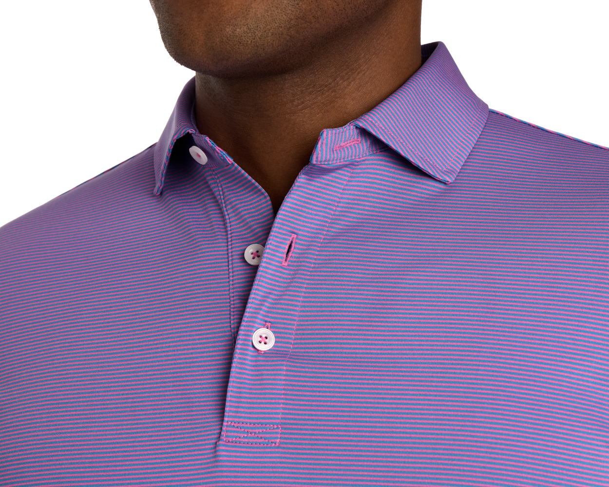 The Perkins Shirt: Horizon Blue & Belmont features fine purple and pink stripes, a classic polo collar, and three-button placket, showcasing refined casual style.