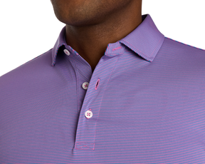 The Perkins Shirt: Horizon Blue & Belmont features fine purple and pink stripes, a classic polo collar, and three-button placket, showcasing refined casual style.