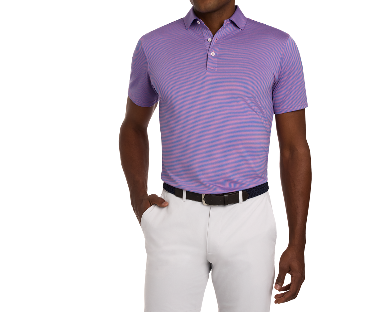 Man models The Perkins Shirt: Horizon Blue & Belmont, featuring a fine-stripe texture, tucked into trousers, showcasing a black leather belt and a relaxed pose.