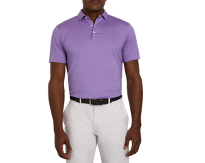 The Perkins Shirt: Horizon Blue & Belmont features a slim-fit, short-sleeve polo with a purple-blue micro-stripe pattern, tucked into gray trousers.
