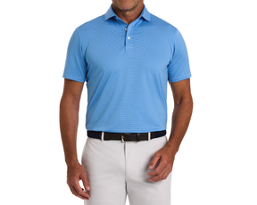 Man wearing The Perkins Shirt: Horizon Blue & Vista Blue, a light-blue polo with short sleeves, tucked into light pants, showcasing its structured collar and woven belt.