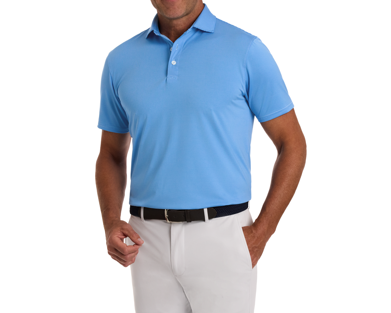 Man wearing The Perkins Shirt: Horizon Blue & Vista Blue, a light-blue striped polo, tucked into light-colored pants, showcasing its lightweight, stretchy fabric and structured collar.