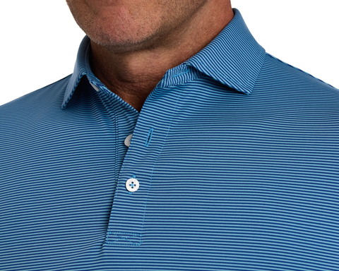 Close-up of The Perkins Shirt: Maidstone Blue & Harbor, showcasing its two-button placket, folded collar, and fine horizontal pin-stripes on performance fabric.