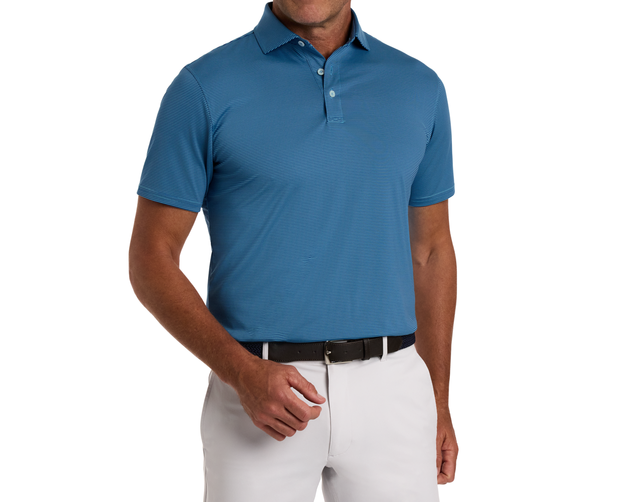 The Perkins Shirt: Maidstone Blue & Harbor, featuring short sleeves, micro-stripes, spread collar, and lightweight fabric, paired with light gray pants and a black belt.