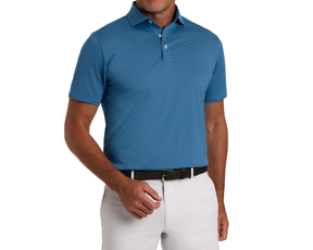 The Perkins Shirt: Maidstone Blue & Harbor, featuring short sleeves, micro-stripes, spread collar, and lightweight fabric, paired with light gray pants and a black belt.