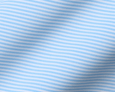 Close-up of The Perkins Boys Shirt in Vista Blue & White, featuring soft, breathable DryLuxe fabric with fine stripes and a structured spread collar.