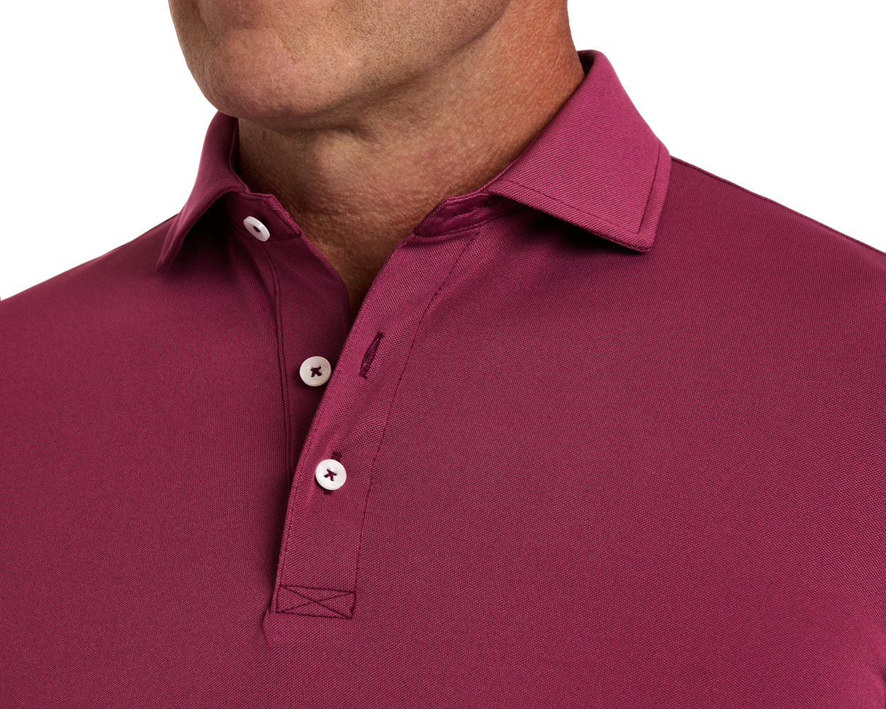 Close-up of The Macdonald Shirt: Cabernet, showcasing a polo shirt with structured spread collar, three-button placket, and contrast collar band piping for modern style.
