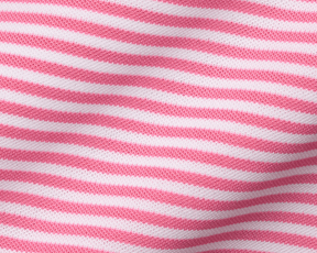 The Maxwell Shirt: Belmont & White features a close-up of stretchy, knitted fabric with narrow horizontal stripes, highlighting its comfort-focused, breathable design.