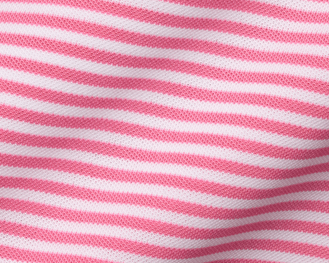 The Maxwell Shirt: Belmont & White features a close-up of stretchy, knitted fabric with narrow horizontal stripes, highlighting its comfort-focused, breathable design.