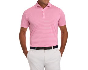 Man wearing The Maxwell Shirt: Belmont & White, a short-sleeve, striped polo with a structured collar, tucked into light trousers with a woven belt.