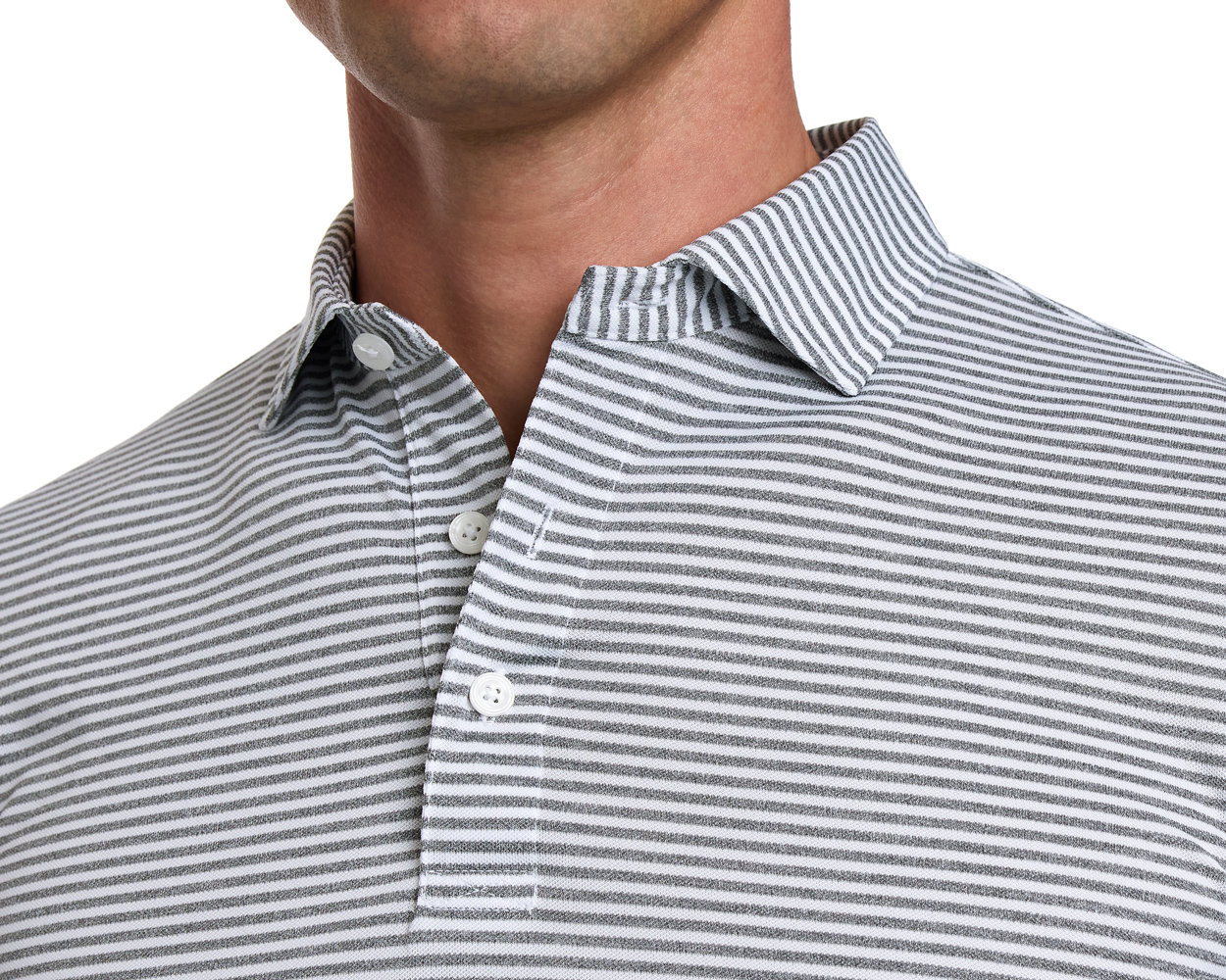 The Maxwell Shirt: Gray & White, featuring a striped knit pattern, structured collar, and three-button placket, crafted for comfort and enhanced moisture wicking.