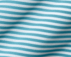 The Maxwell Shirt: Harbor & White features a close-up of its light teal and white striped knit fabric, showcasing texture and gentle folds.