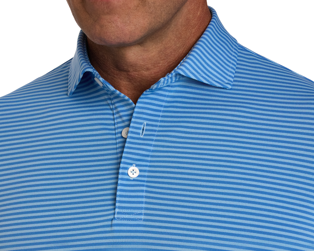 The Maxwell Shirt: Horizon Blue & Vista Blue, featuring light-blue with white stripes, structured collar, button placket, crafted for comfort with moisture-wicking and UPF 30+ fabric.
