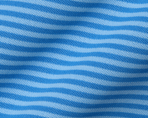 The Maxwell Shirt: Horizon Blue & Vista Blue features a textured knit with light-blue and white stripes, highlighting a modern, breathable, and moisture-wicking design.