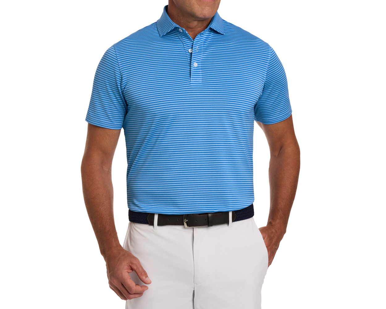 The Maxwell Shirt: Horizon Blue & Vista Blue, a striped polo with structured collar, worn with khaki pants and dark belt, showcasing comfort and style.