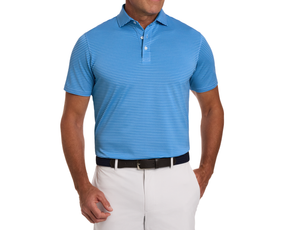 The Maxwell Shirt: Horizon Blue & Vista Blue, a striped polo with structured collar, worn with khaki pants and dark belt, showcasing comfort and style.