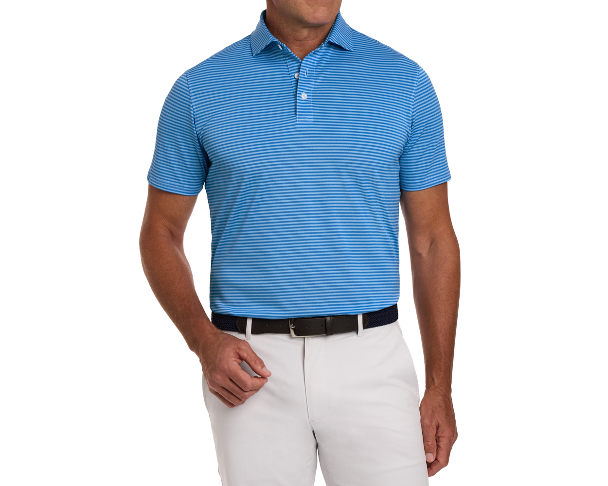 The Maxwell Shirt: Horizon Blue & Vista Blue, features thin white stripes, a structured spread collar, worn with off-white trousers and a dark belt.