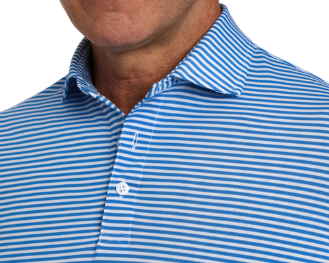 The Maxwell Shirt: Horizon Blue & White, a close-up of a person wearing a modern striped polo with a folded collar and a textured pique knit.