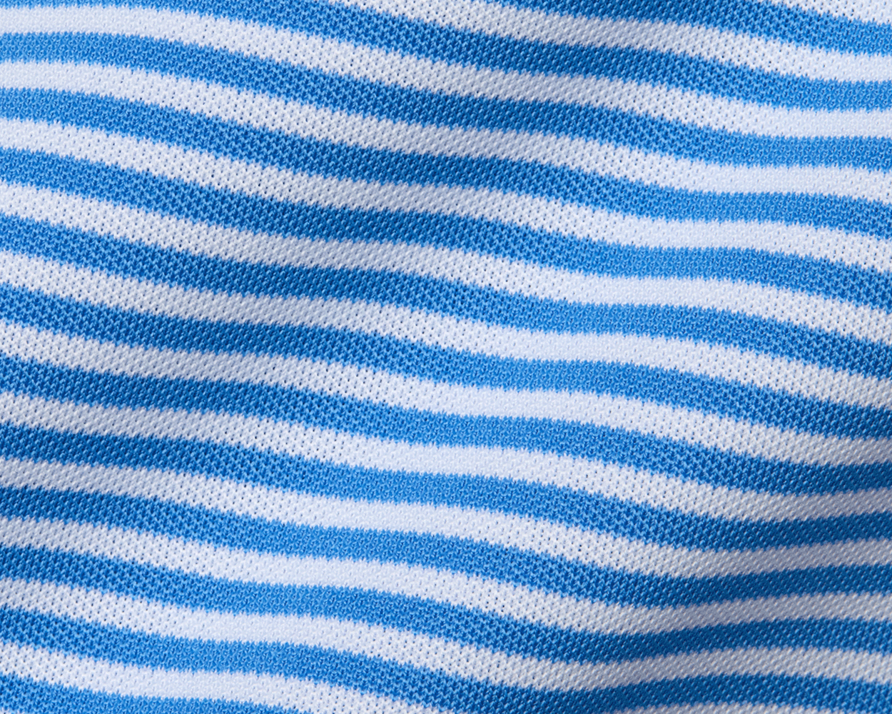 The Maxwell Shirt: Horizon Blue & White features a close-up of its stretchy, textured knit with narrow blue and white stripes for modern style and comfort.
