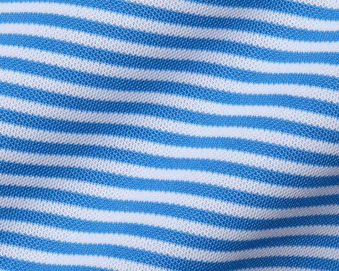 The Maxwell Shirt: Horizon Blue & White features a close-up of its stretchy, textured knit with narrow blue and white stripes for modern style and comfort.