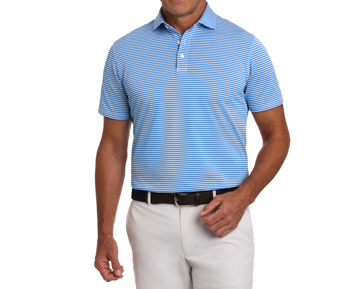 The Maxwell Shirt: Horizon Blue & White, features a light blue and white striped design, crafted from performance pique, promoting comfort and moisture wicking with a structured collar.