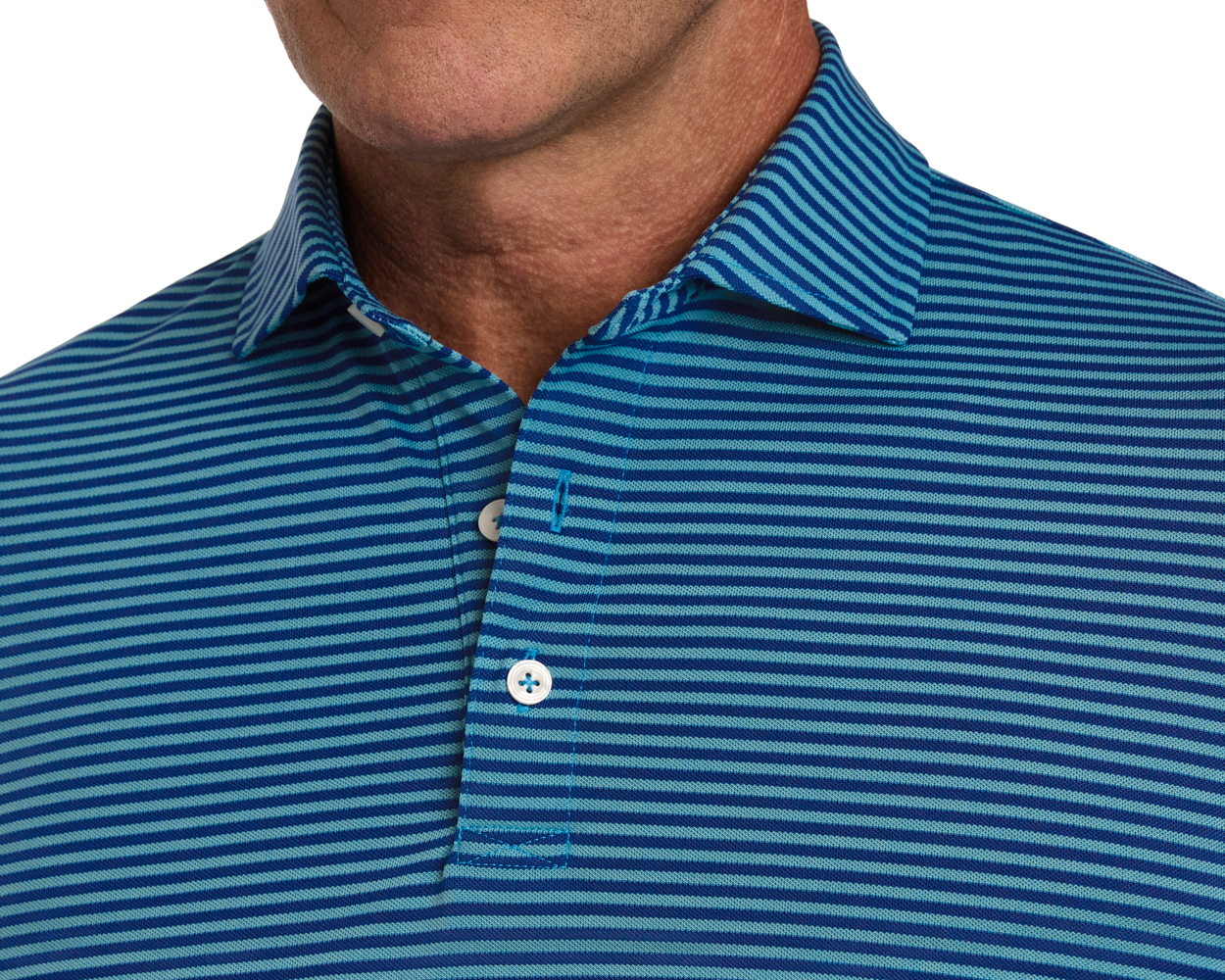 The Maxwell Shirt: Maidstone Blue & Harbor, featuring narrow blue stripes, a collared design, and two white buttons, crafted from stretchy performance pique for comfort.