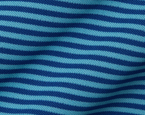 Close-up of The Maxwell Shirt: Maidstone Blue & Harbor, featuring light and dark blue striped performance pique knit, showcasing its textured and breathable fabric.