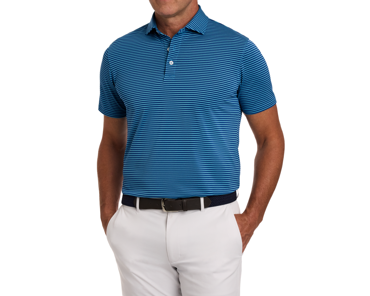 Man wearing The Maxwell Shirt: Maidstone Blue & Harbor, a striped performance polo with a structured collar, paired with light trousers and a dark belt.