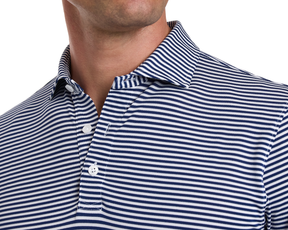 The Maxwell Shirt: Navy & White, showcasing its structured spread collar and two-button placket, made from stretchy performance pique for comfort and moisture-wicking.