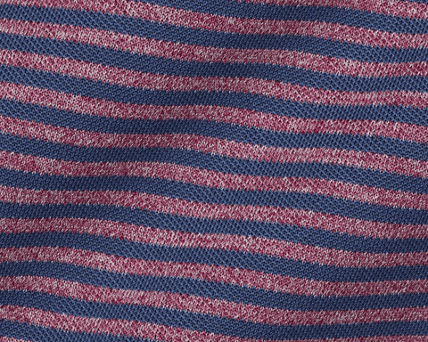 Close-up of The Maxwell Shirt: Pacific Blue & Heathered Napa, showing the textured pique knit in wavy blue and heathered wine stripes.
