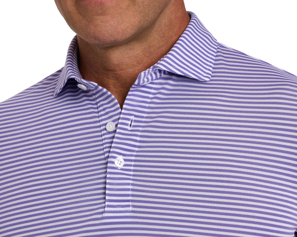 The Maxwell Shirt: Tudor & White, featuring a lavender-striped pattern, structured collar, and white buttons, crafted from breathable, moisture-wicking pique fabric for comfort.