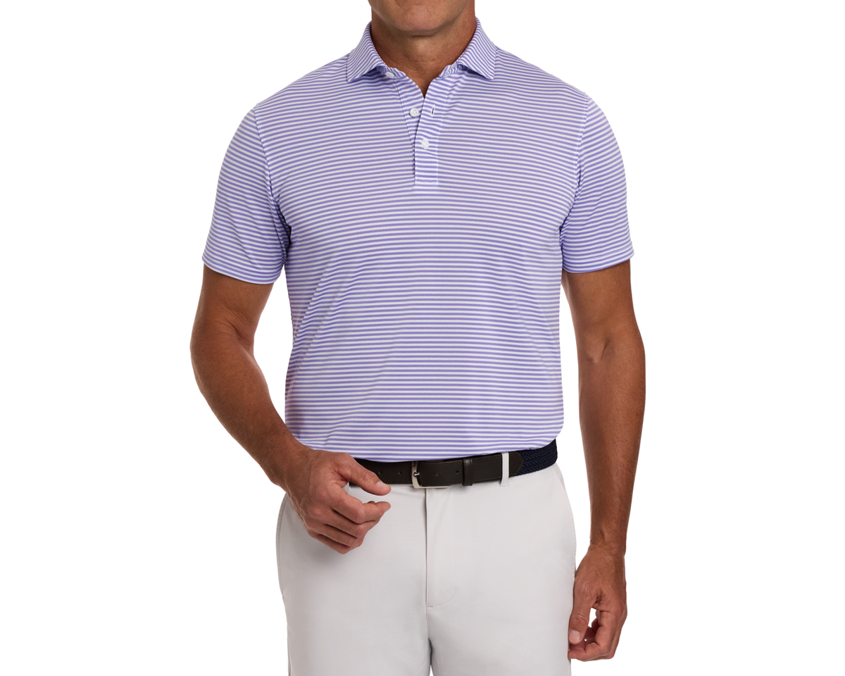 The Maxwell Shirt: Tudor & White, featuring narrow stripes, a structured collar, and a performance pique knit, offering comfort and moisture-wicking for all-weather wear.