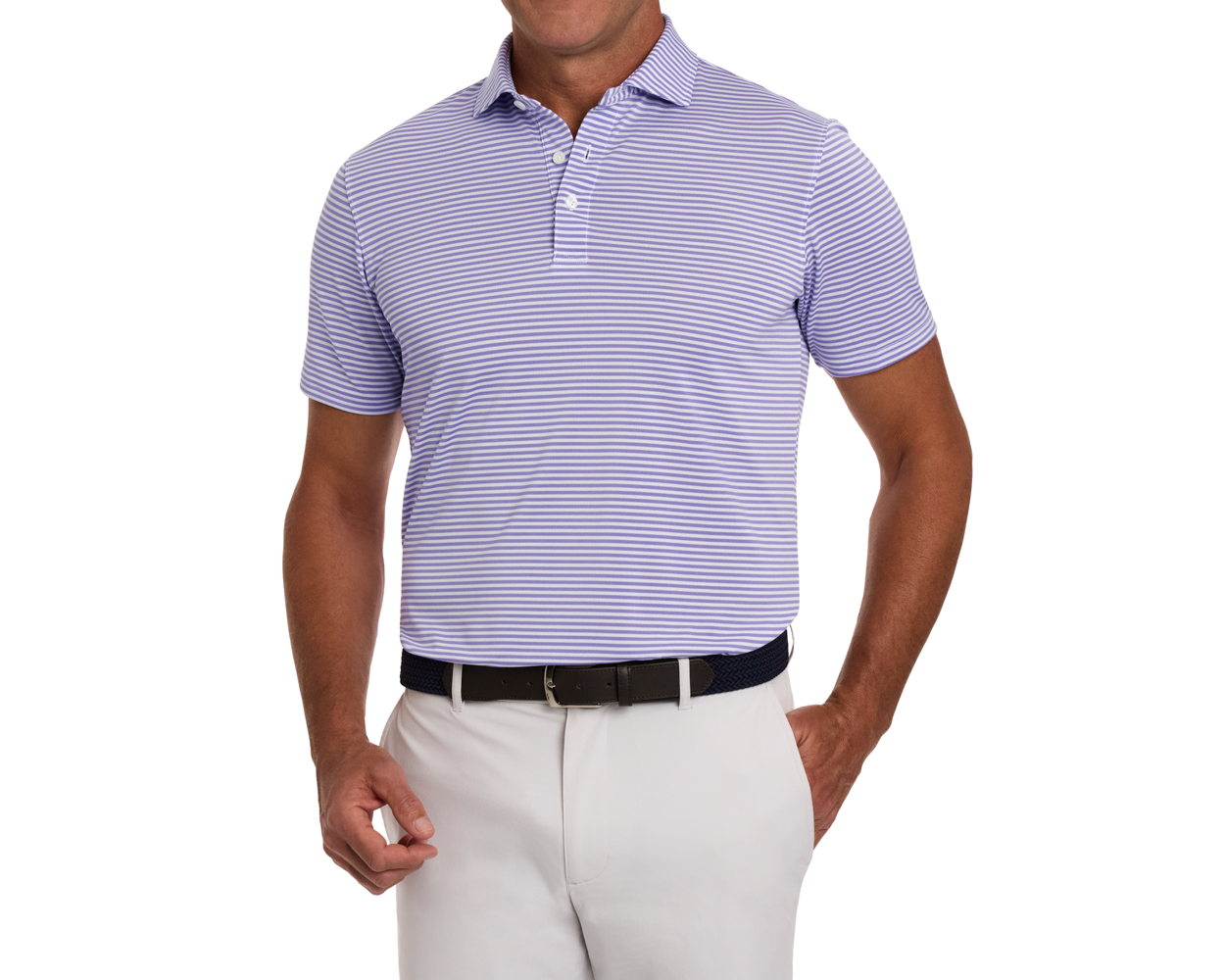 The Maxwell Shirt: Tudor & White, a short-sleeve, striped polo with a structured collar, paired with light-beige trousers and a dark woven belt.