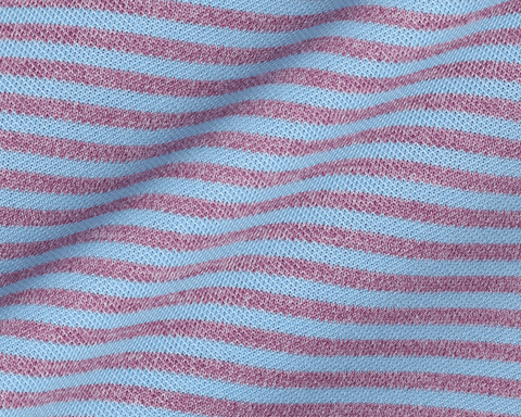 Close-up of The Maxwell Shirt: Vista Blue & Heathered Faded Mauve, showing the textured pique knit in wavy light blue and heathered mauve stripes.
