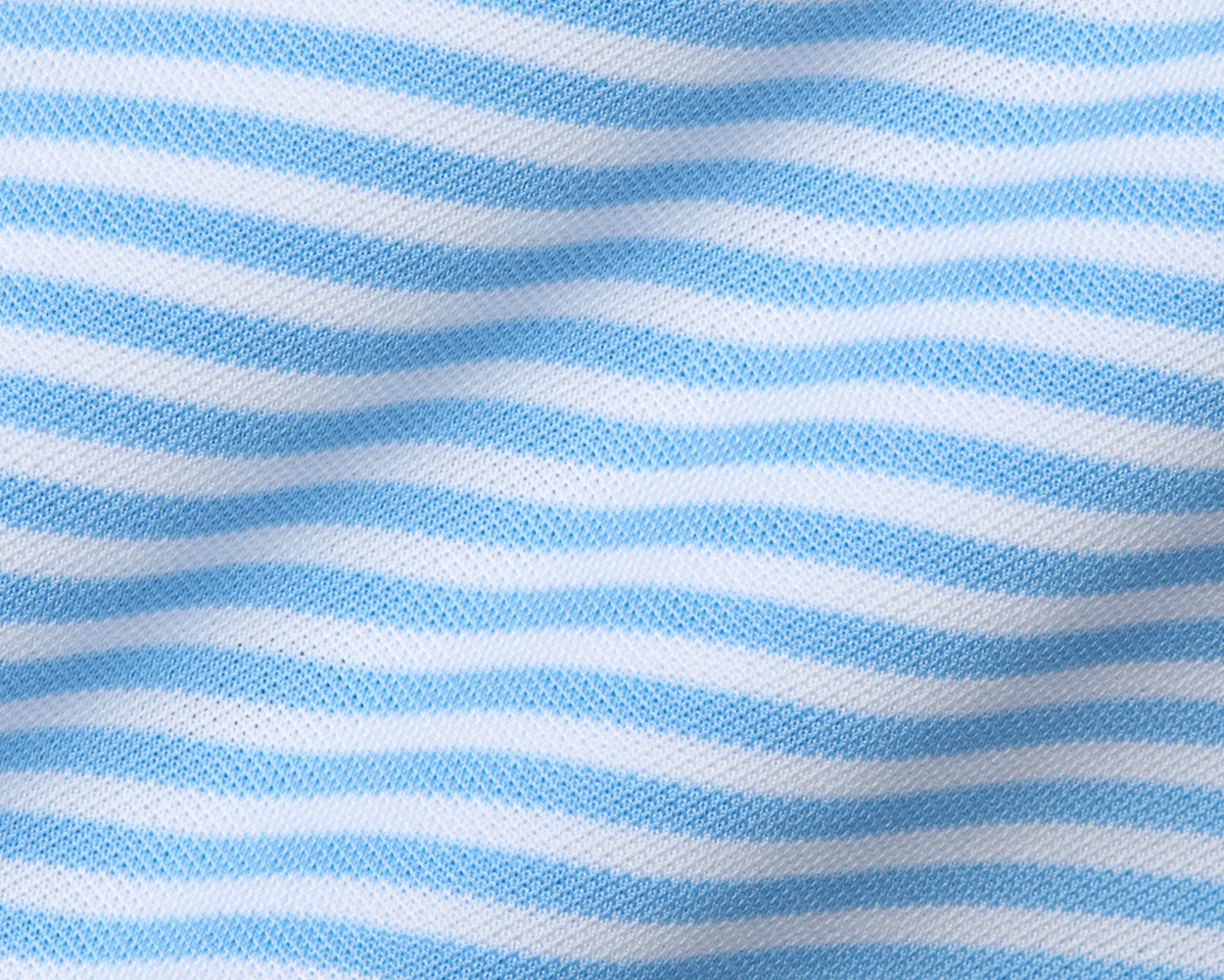 Close-up of The Maxwell Shirt: Vista Blue & White, featuring soft knit fabric with horizontal stripes and textured pique for comfort and moisture wicking.