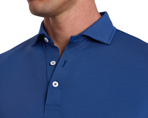 The Abbott Shirt: Andover features a close-up of its structured spread collar, placket, and three buttons, showcasing its modern, breathable performance design.