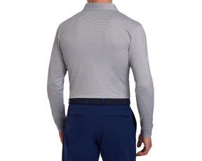 The Burke Shirt: Gray & White, shown from the back with fine stripes, long sleeves, tucked into navy trousers with a braided belt.
