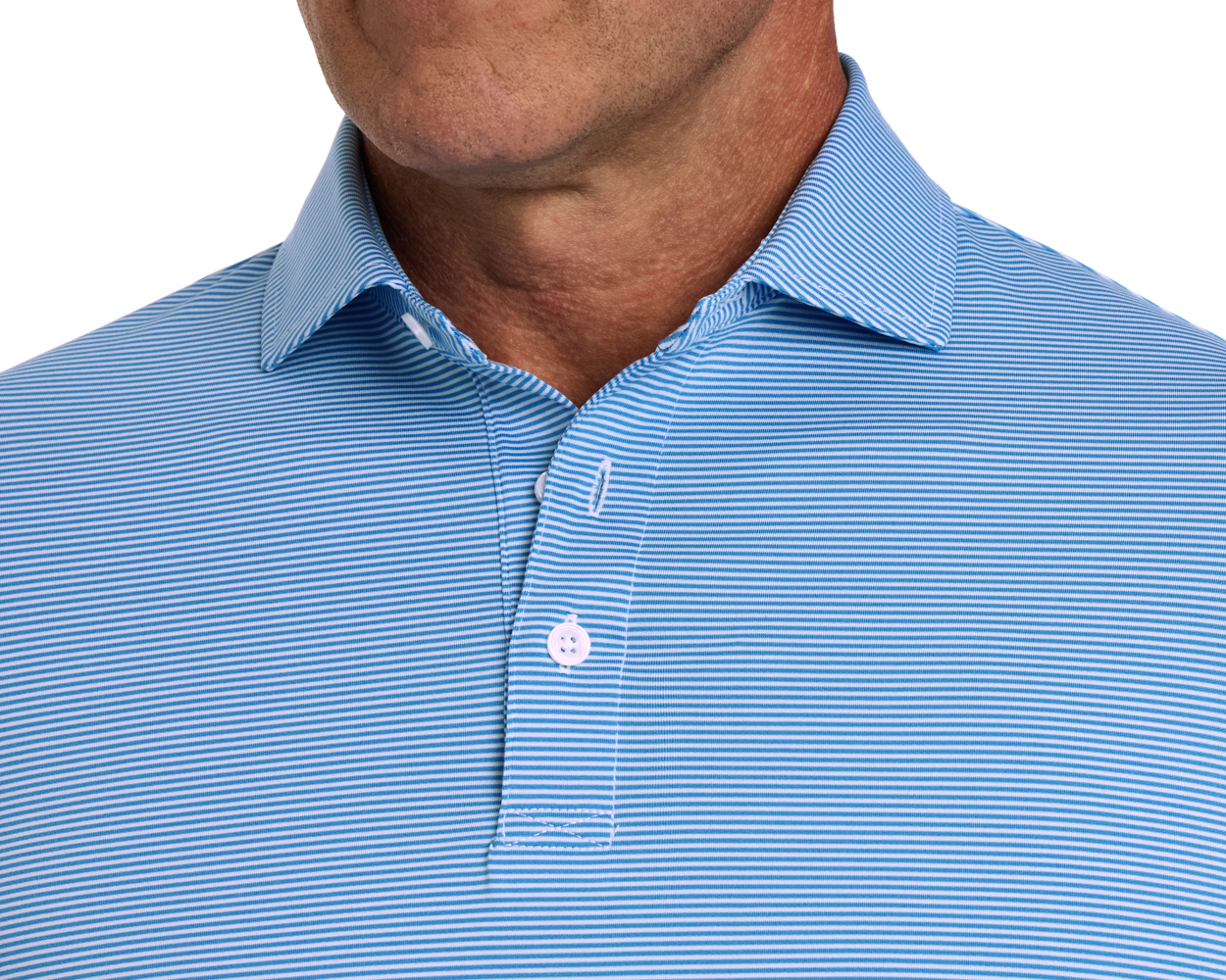A person wears The Burke Shirt: Horizon Blue & White, featuring a light-blue polo with fine white stripes, collar, and button placket, offering UPF 50+ protection.